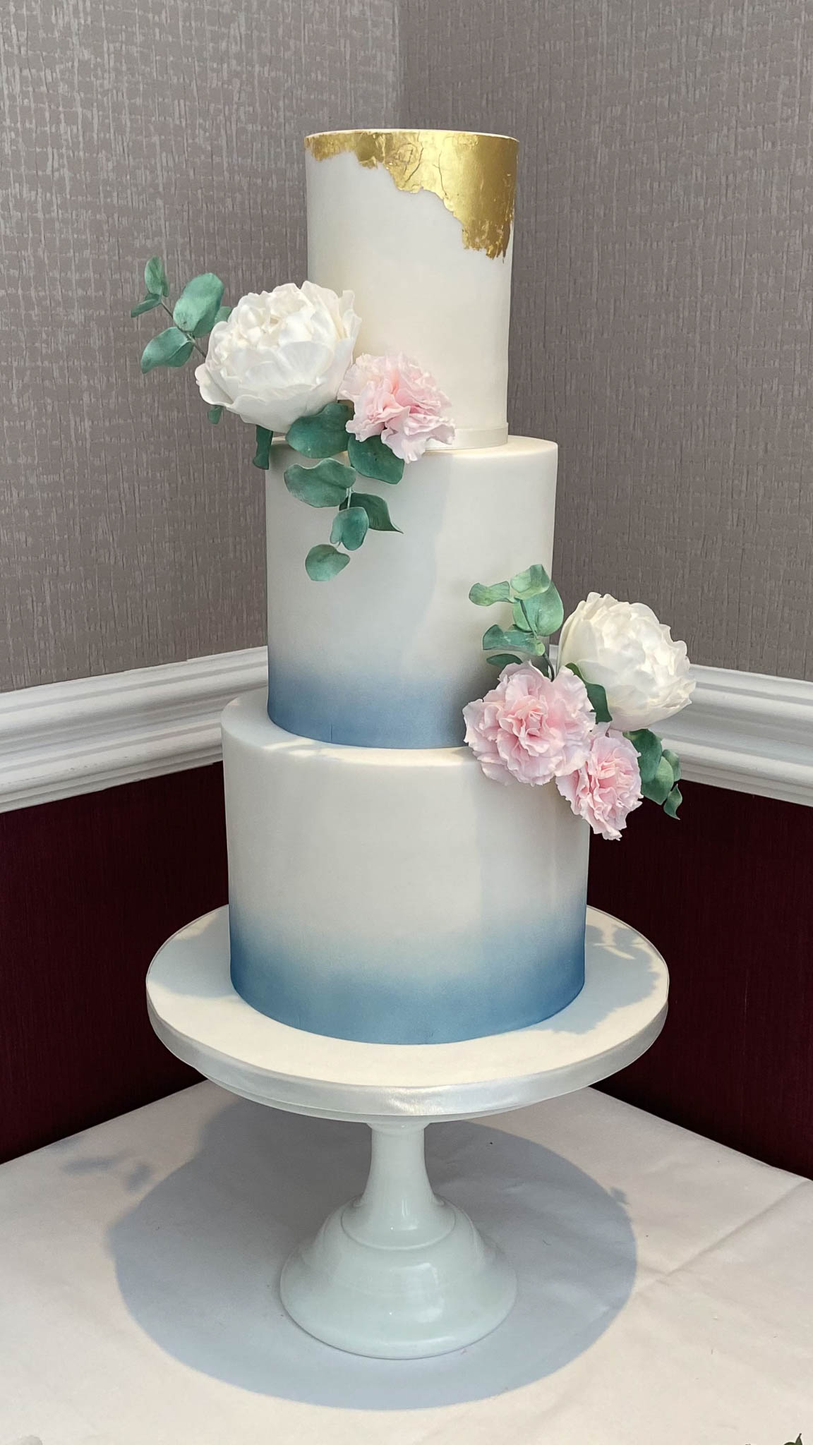 stunning 3 tiers blue ombre airbrushed wedding cake gold leaf sugar flowers peonies eucalyptus carnations Aberdeenshire Scotland