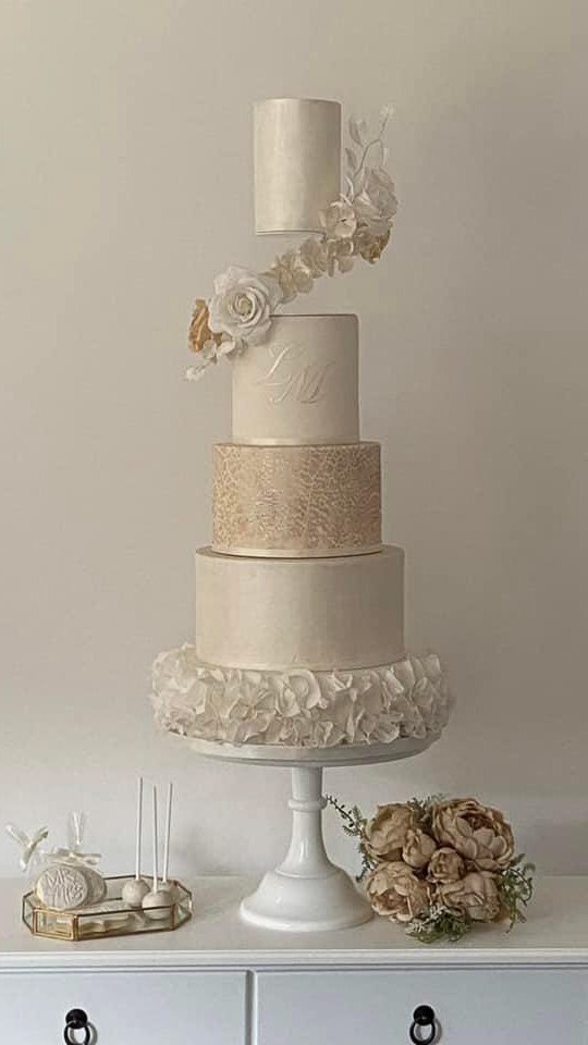 Luxury 5 tier wedding cake bespoke stunning design sugar flowers sugar ruffles Aberdeenshire Scotland