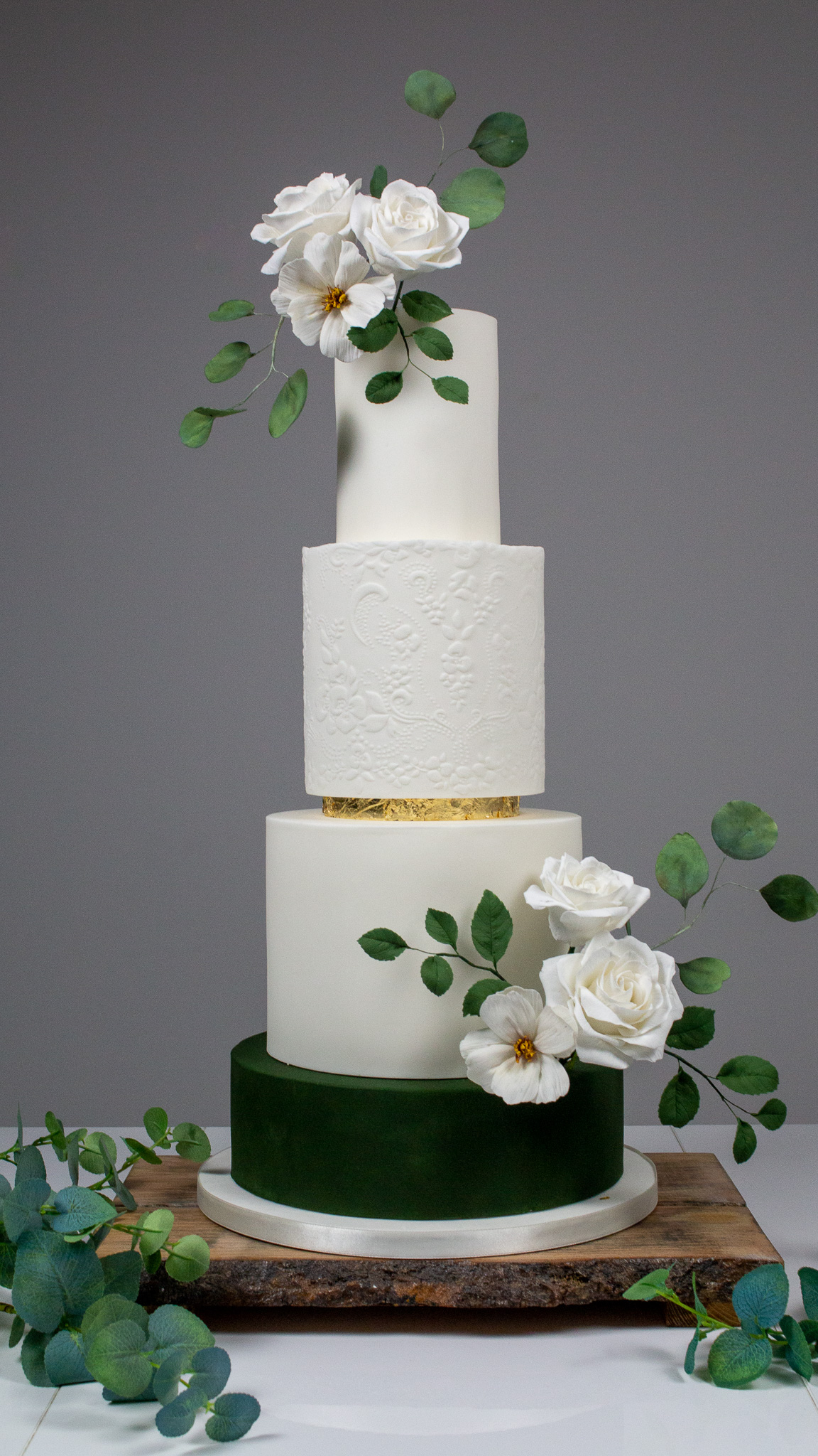 Modern bespoke green and white wedding cake sugar flowers Aberdeen Scotland