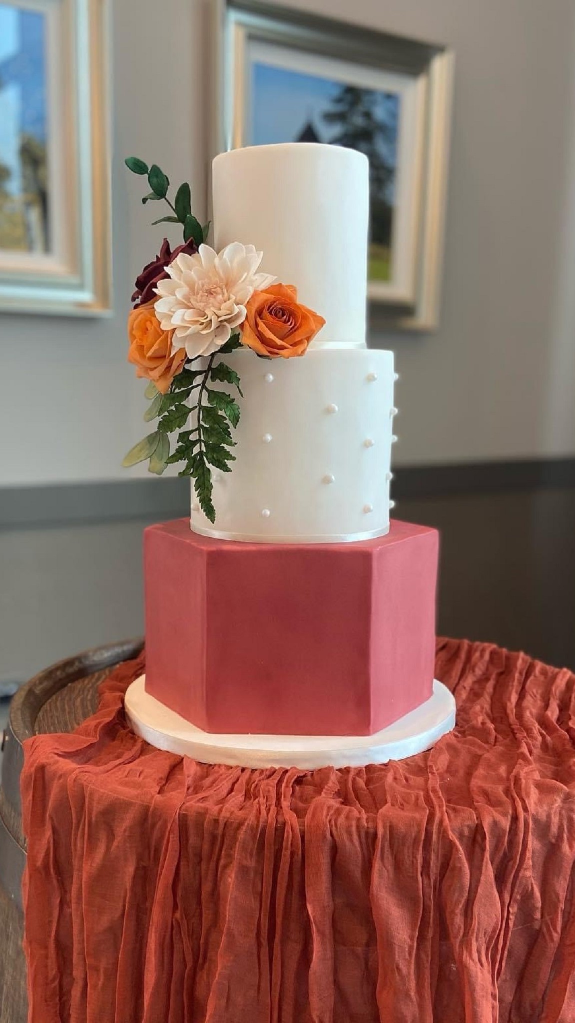 Beautiful Rust cinnamon burnt orange hexagon wedding cake sugar flowers Meldrum House Aberdeenshire Scotland