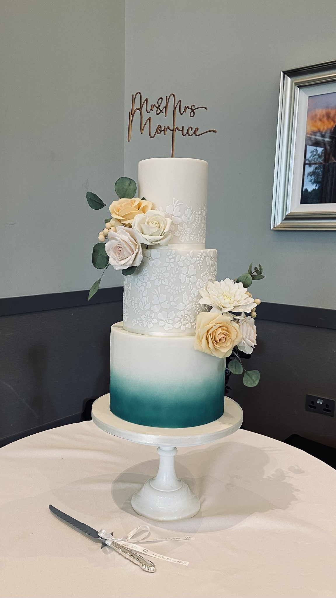 Stunning luxury 3 tier wedding cake teal green ombre airbrushed white floar stencil sugar flowers Meldrum House Aberdeenshire Scotland